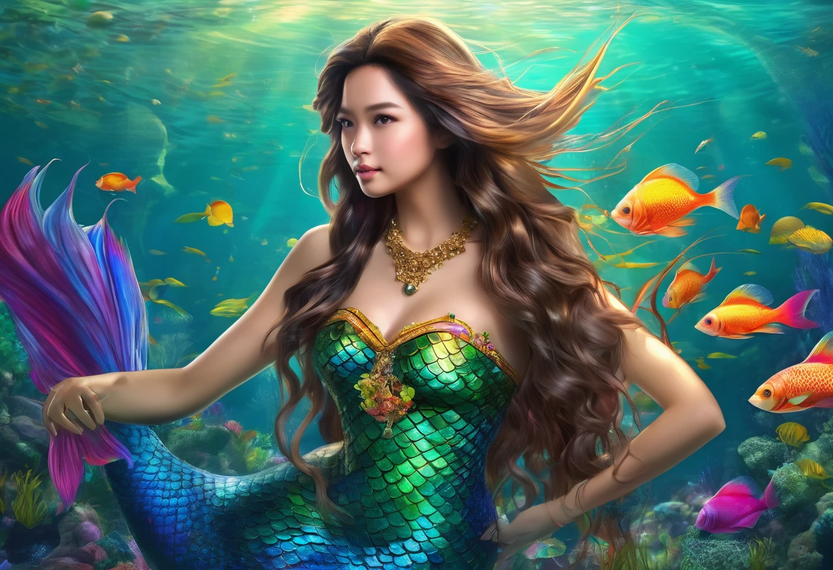 a mermaid princess, filipina, age 20, extremely beautiful, colorful long tail hair, intricate breast coverings, detailed body, underwater gala, handsome suitors, (best quality,4k,8k,highres,masterpiece:1.2),ultra-detailed,(realistic,photorealistic,photo-realistic:1.37),portriat,fantasy,vibrant colors,dramatic lighting,cinematic,digital painting