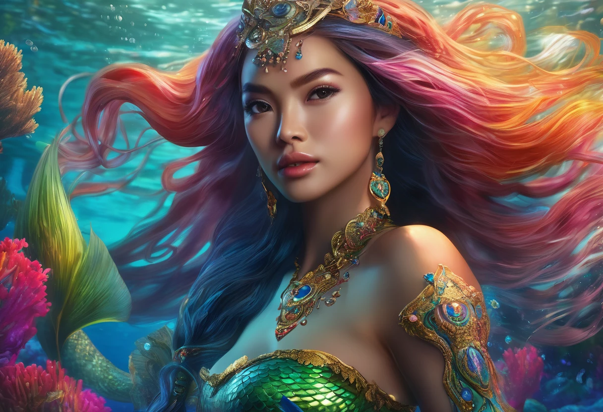 a mermaid princess, filipina, age 20, extremely beautiful, colorful long tail hair, intricate breast coverings, detailed body, underwater gala, handsome suitors, (best quality,4k,8k,highres,masterpiece:1.2),ultra-detailed,(realistic,photorealistic,photo-realistic:1.37),portriat,fantasy,vibrant colors,dramatic lighting,cinematic,digital painting