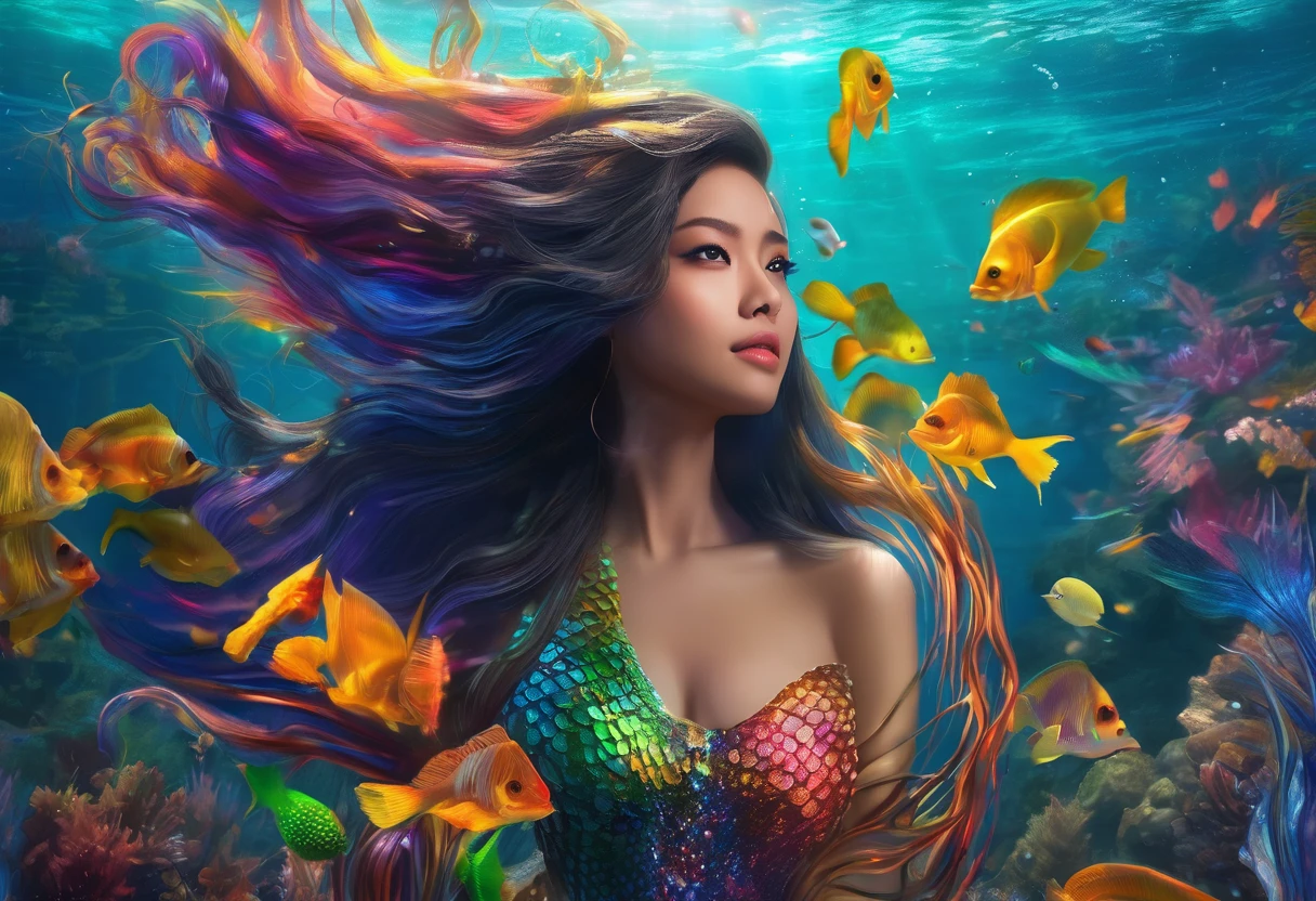 a mermaid princess, filipina, age 20, extremely beautiful, colorful long tail hair, intricate breast coverings, detailed body, underwater gala, handsome suitors, (best quality,4k,8k,highres,masterpiece:1.2),ultra-detailed,(realistic,photorealistic,photo-realistic:1.37),portriat,fantasy,vibrant colors,dramatic lighting,cinematic,digital painting