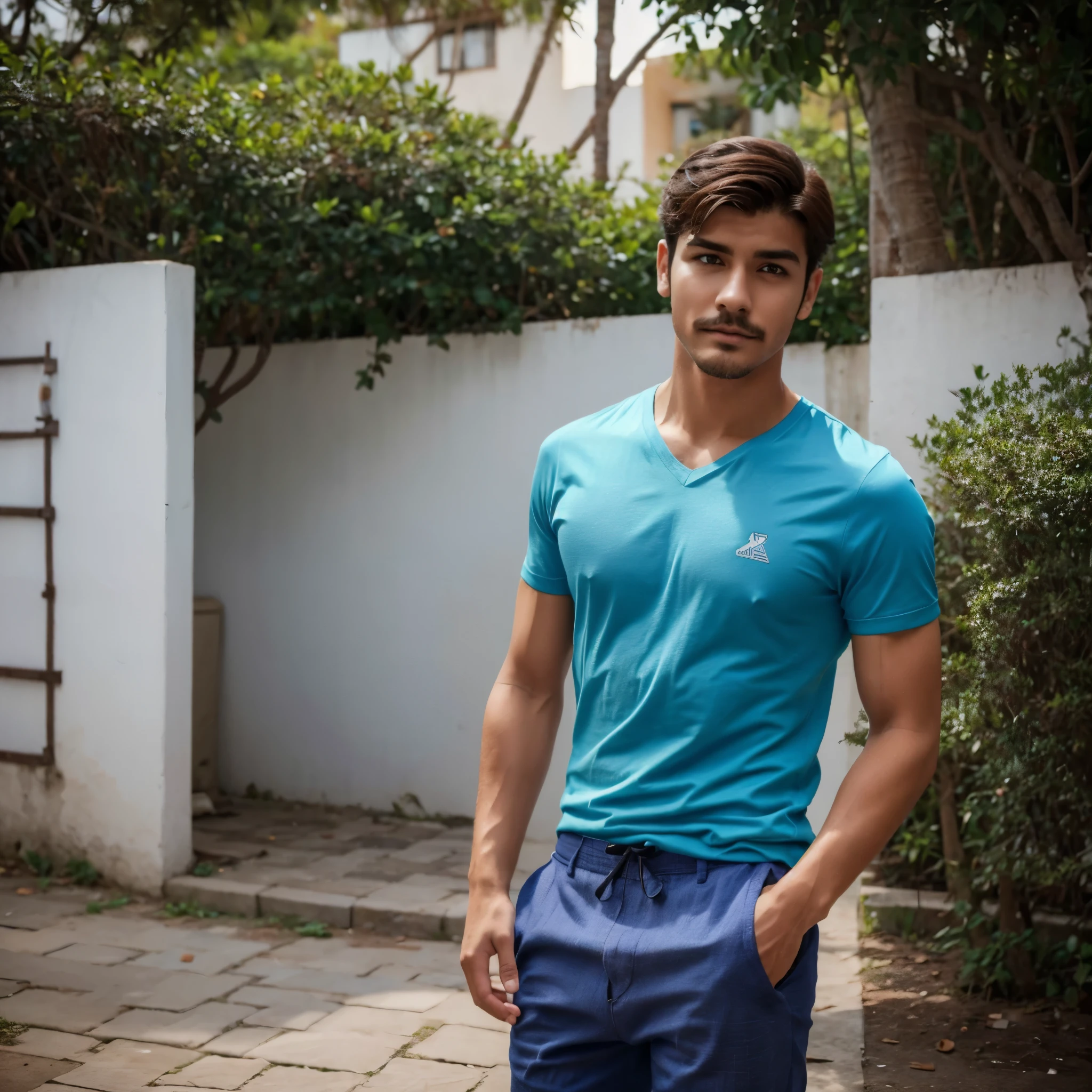 Adolescente com bigode, moreno, Athletic. Usando bermuda azul, justa ao seu corpo, sem camiseta. Cabelo curto, castanho. Is standing in a square.