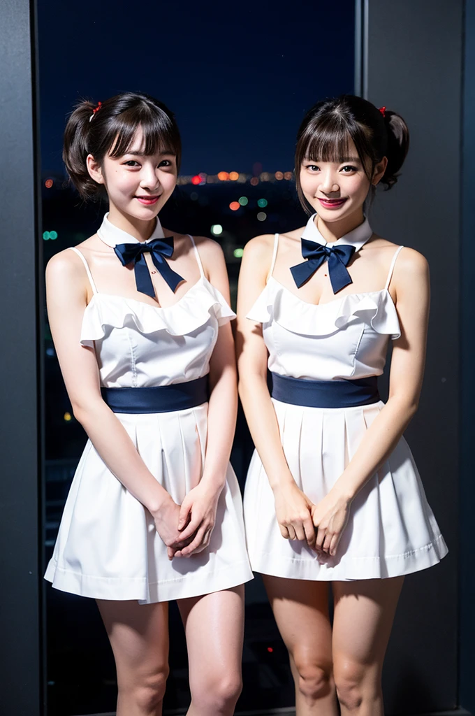 Identical Twin sisters, 2 girls standing in night sky, Tokyo tower, translucent white dress with frill,red bow tie,navy blue skirt,18-year-old,bangs,a little smiles,thighs,knees,short cut hair,ponytail, short bob hair, large round breasts,from below2
