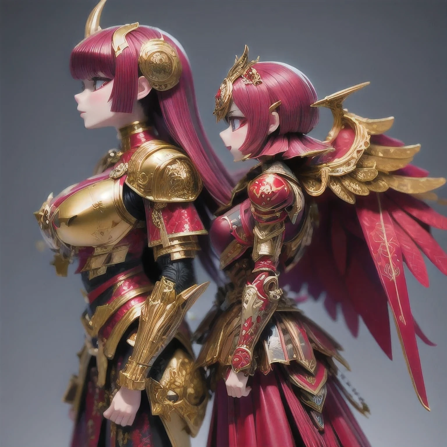 araffe skeleton in a red and gold costume with wings, saint skeleton queen, red demon armor, lady in red armor, wearing a skeleton armor, holy cyborg necromancer girl, hone onna skeleton geisha, ( highly detailed figure ), goddess of death, masami kurumada, the other a skeletal figure, skeletal, scary queen of death((（one female）))