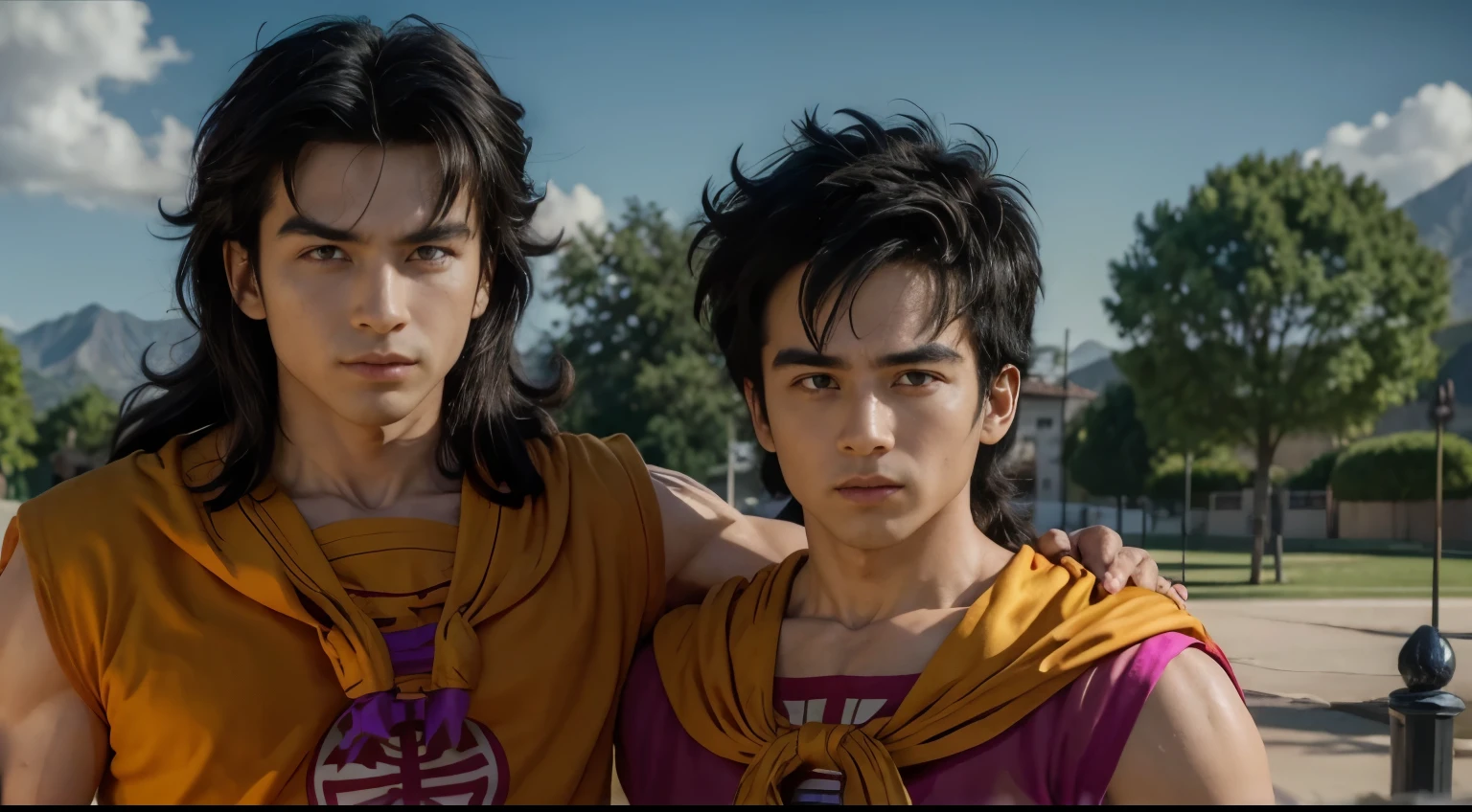 (8K, mejor calidad, obra maestra:1.2),Yamcha, enfoque masculino, 1 chico, pelo negro, solo, sonrisa, muscular male, pelo de punta, ojos negros,pelo largo, golpes, (green tunic), pantalones naranjas, (faja blanca),cinta, al aire libre, (purple armguards), orange neckerchief, mirando al espectador, day, tree, cielo azul, grass, roca, kanji,cerraduras laterales,sin mangas