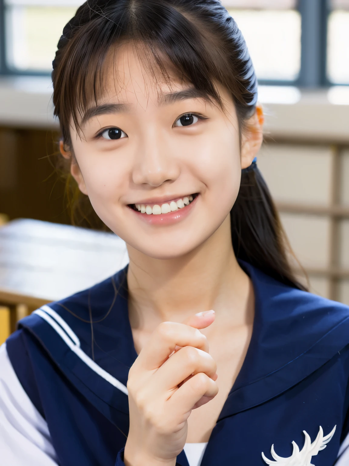 lens: 135mm f1.8, (highest quality),(RAW Photos), (Tabletop:1.1), (Beautiful 13 year old Japanese girl), Cute Face, (Deeply chiseled face:0.7), (freckles:0.4), Speckled sunlight, Dramatic lighting, (Navy blue sailor suit), Long sleeve, (In the classroom), shy, (Close-up shot:1.2), (smile)