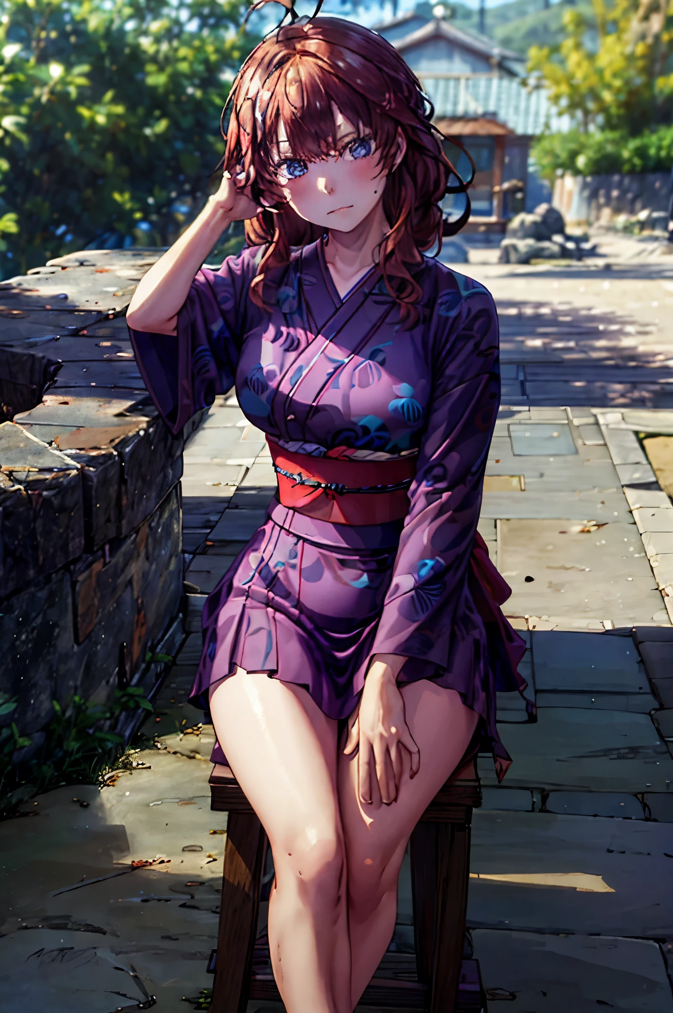(Masterpiece, Best Quality:1.2), solo, 1girl, Itsuki ,unamused, closed mouth, looking a viewer, hand on our face, sitting, Short black kimono ,big thighs,crossed legs