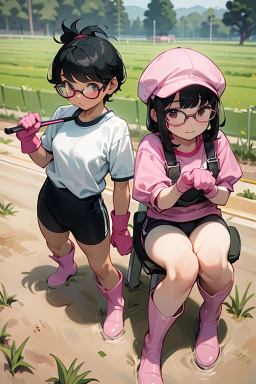 A pair of ugly elementary school girls with black hair and glasses wearing short-sleeved gym clothes and white rubber boots, large pink rubber gloves, and gym caps on their heads, working in the fields