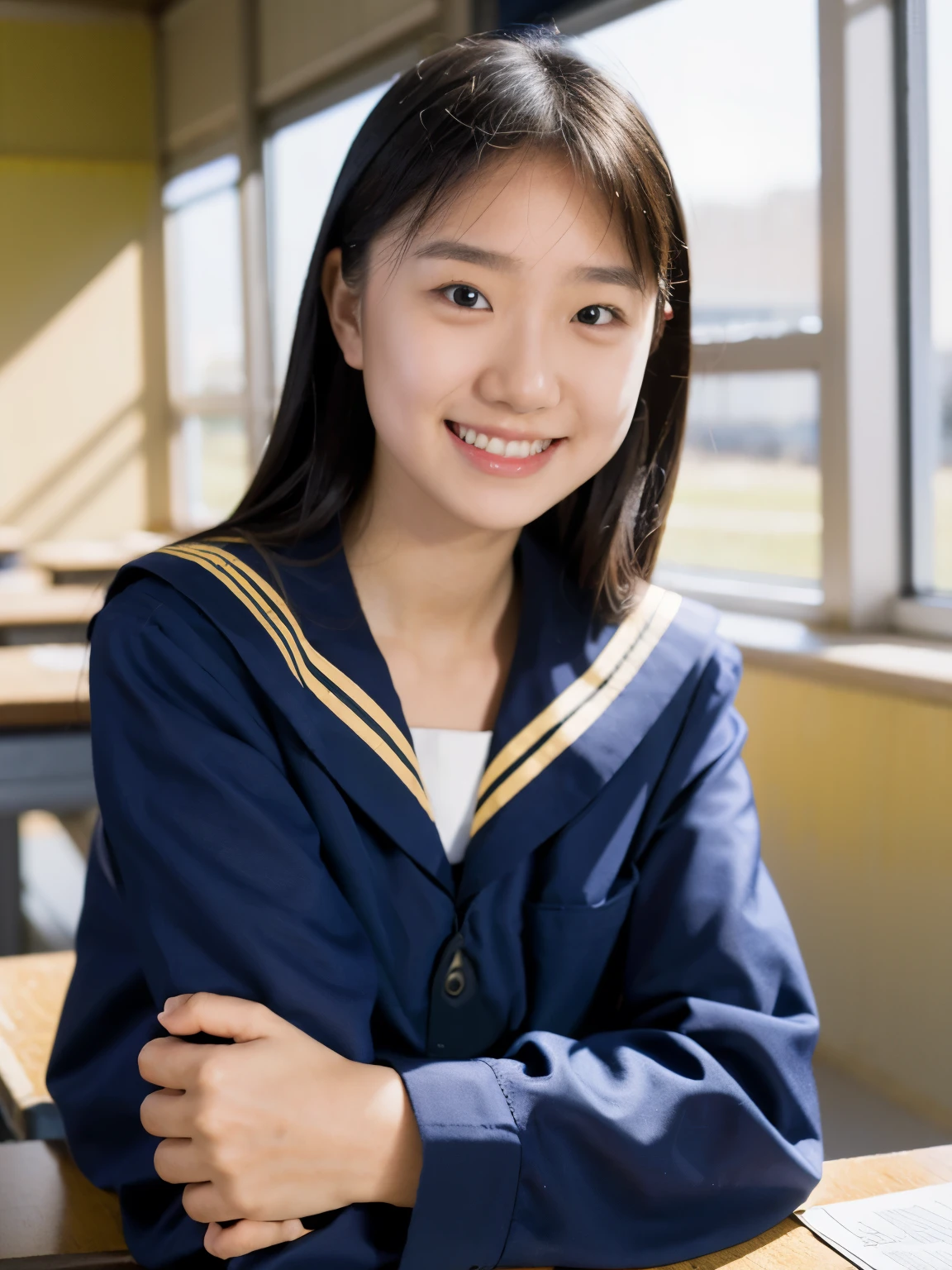 lens: 135mm f1.8, (highest quality),(RAW Photos), (Tabletop:1.1), (Beautiful 13 year old Japanese girl), Cute Face, (Deeply chiseled face:0.7), (freckles:0.4), Speckled sunlight, Dramatic lighting, (Navy blue sailor suit), Long sleeve, (In the classroom), shy, (Close-up shot:1.2), (smile)