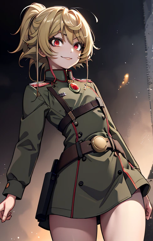 (masterpiece, best quality: 1.1), 1girl solo, tanya, 1girl, solo, , flat chest, small breasts, curvy, military, military uniform, ,, evil smile, wicked expression, anger, red eyes, neutral lighting