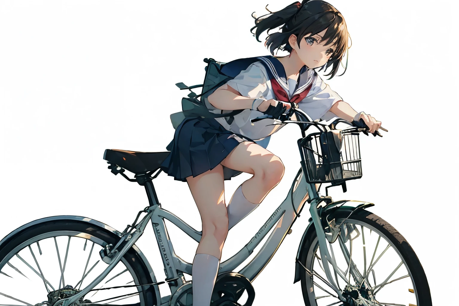 (masterpiece, highest quality:1.2), Reality、4K Anime Art、High school girl riding a bicycle, alone、whole body、Short Hair、White Sailor Suit，Long pleated skirt、Fluttering cherry blossoms, Pastel colored school building background, Pannier basket filled with textbooks and lunch boxes, The pleated skirt flutters, Pigtail ribbons hanging down, Dynamic shadows projected on the ground, When going over small bumps, the front wheel lifts slightly as if catching air., Soft focus background, An eclectic mix of vibrant and pastel colors, Unique manga line art, The sunlight adds a magical glow, Dramatic angle