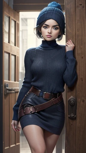 {(Jaimie Alexander usando (black thermal flannel leather Vestido curto with quadriceps marking - FashionLeg), e um ((moletom {azul}, with Stylish Toca De Frio Beanie in azul wool), (sensual)perfect symmetrical body, olhos perfeitos, boca perfeita, symmetrical perfect face, cintura fina, coxas musculosas}, Symmetrical face, hiper realista.