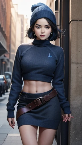 {(Jaimie Alexander usando (black thermal flannel leather Vestido curto with quadriceps marking - FashionLeg), e um ((moletom {azul}, with Stylish Toca De Frio Beanie in azul wool), (sensual)perfect symmetrical body, olhos perfeitos, boca perfeita, symmetrical perfect face, cintura fina, coxas musculosas}, Symmetrical face, hiper realista.