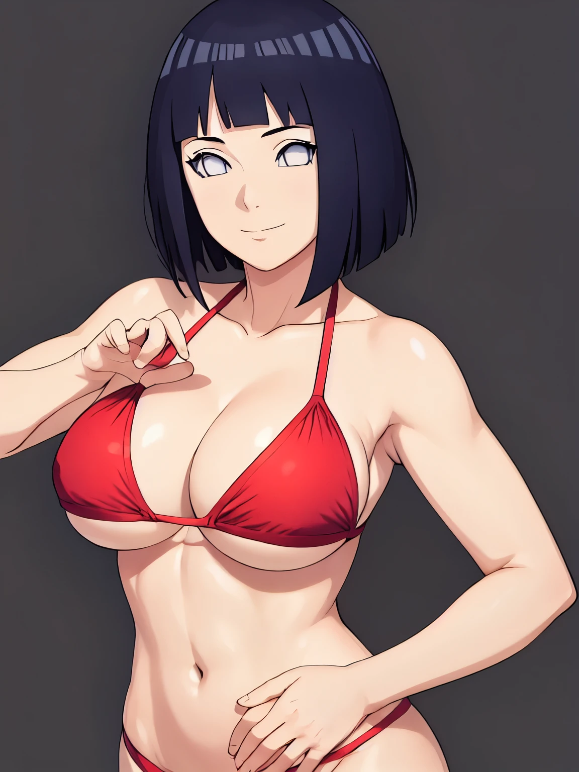 (hinata\(boruto\), (high quality, upper body view only, anime, tall woman, perfect hand anatomy, red bikini, off-shoulders, little biceps, long belly, smile), ((extremely strong)), ((shaking boobs)), (medium-big breasts, cleavage), closed mouth), (posing for the viewer), pale skin, ((floating hair, dark blue, short hair, hime cut، loose hair), (background: simple white background only), (background: simple white background only)
