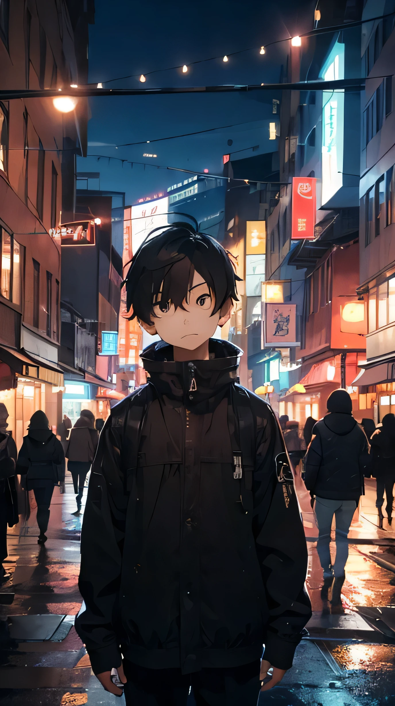 A man/boy, skin litle bit brown asian skin, small head, oval asian tepared face, kinda beautiful face, no expression so cold, with sharp shape eye, coma hair litle bit mess, thin, and ear a litlte bit large, , wearing jacket cyberpunk, in midle of night, take picture of her full body, take picture he standing so far at night, he angry, he bring a gun glock 19 type pointing to people front him