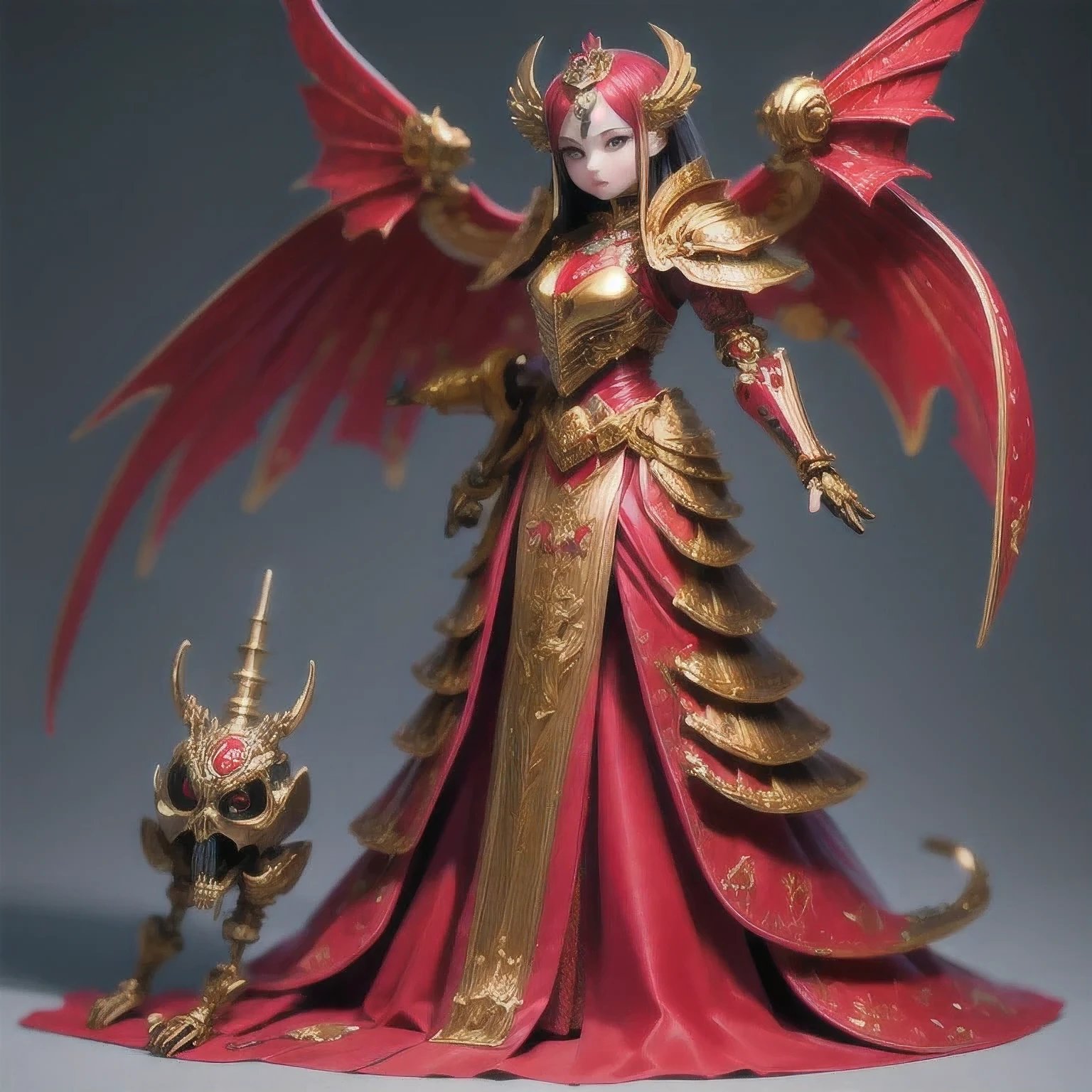 araffe skeleton in a red and gold costume with wings, saint skeleton queen, red demon armor, lady in red armor, wearing a skeleton armor, holy cyborg necromancer girl, hone onna skeleton geisha, ( highly detailed figure ), goddess of death, masami kurumada, the other a skeletal figure, skeletal, scary queen of death((（one female）))