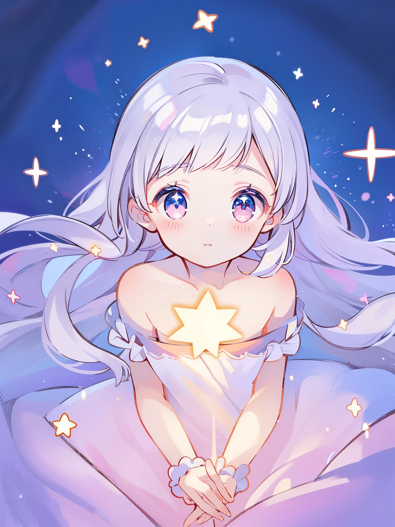 complex background, wishing star background, magical girl wearing an ethereal mystical pink translucent dress that reflects the stars, close up, sparkling detailed eyes, golden ratio face, perfect composition, perfume promo art, mystic, complex drawing, highly detailed, Covergirl brand, promo art, artistic rendition, ethereal, starry night, midjourney style