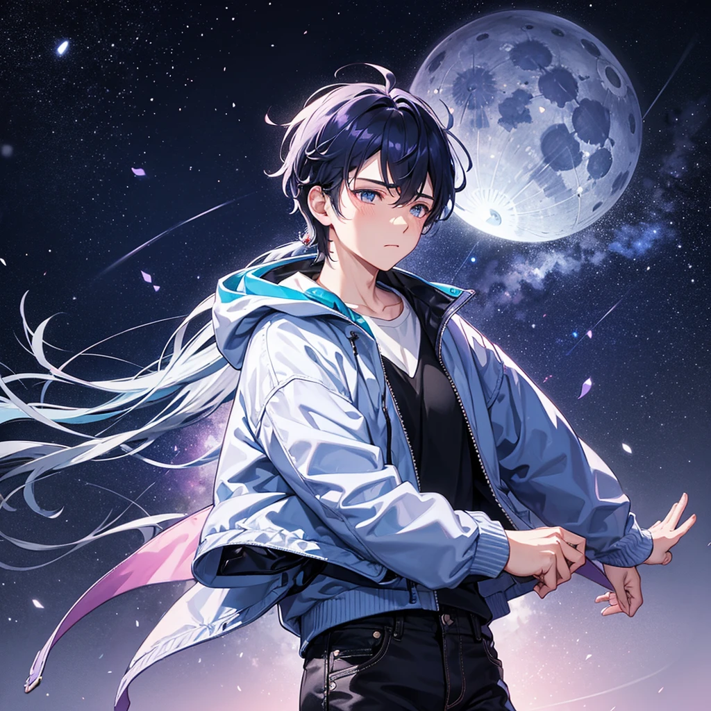 a sad alone boy hearing song in his headphone, looking at the light purple sky full of blue stars and a beautiful big circular blue moon,wearing a blue-black jacket and black jeans,