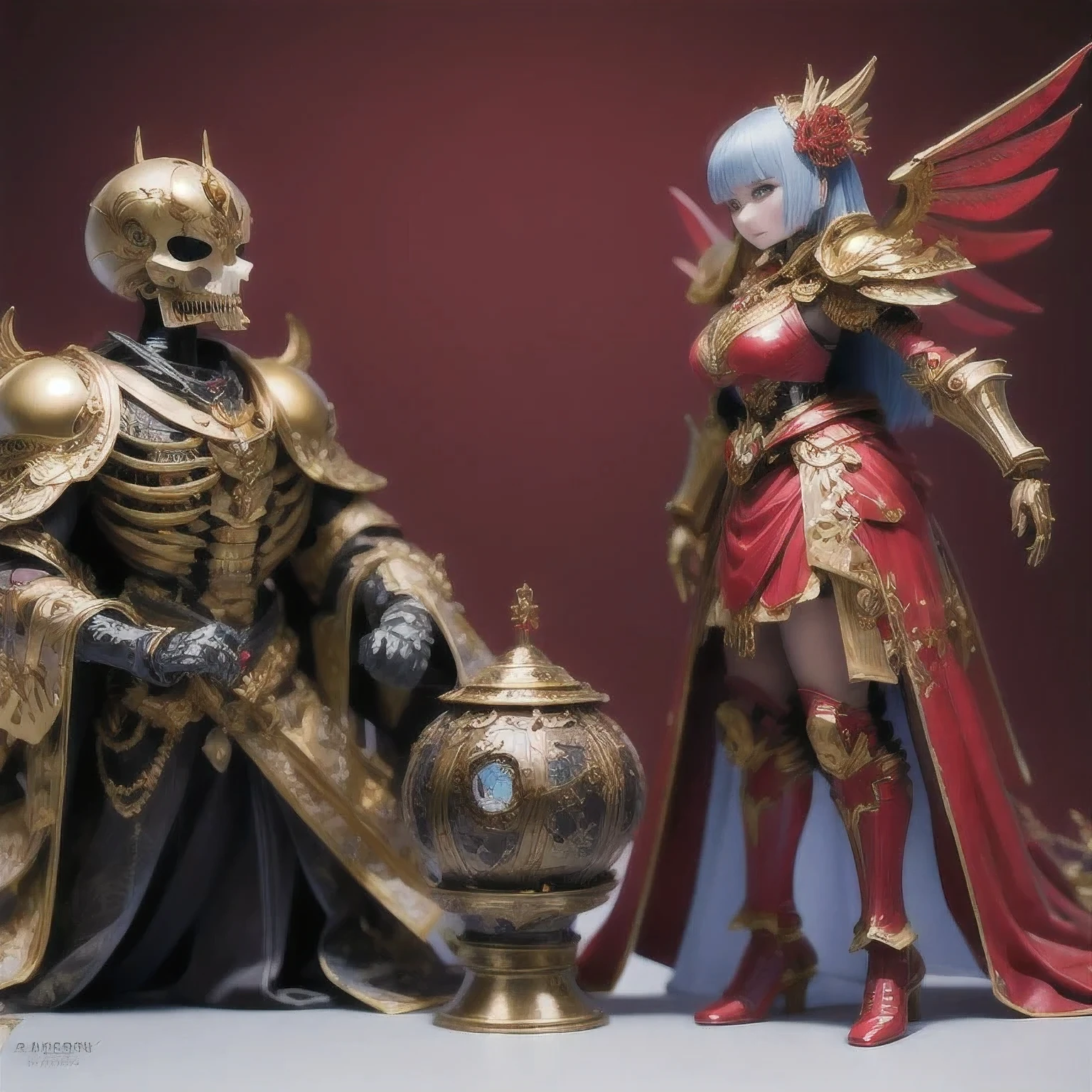 araffe skeleton in a red and gold costume with wings, saint skeleton queen, red demon armor, lady in red armor, wearing a skeleton armor, holy cyborg necromancer girl, hone onna skeleton geisha, ( highly detailed figure ), goddess of death, masami kurumada, the other a skeletal figure, skeletal, scary queen of death((（one female）))