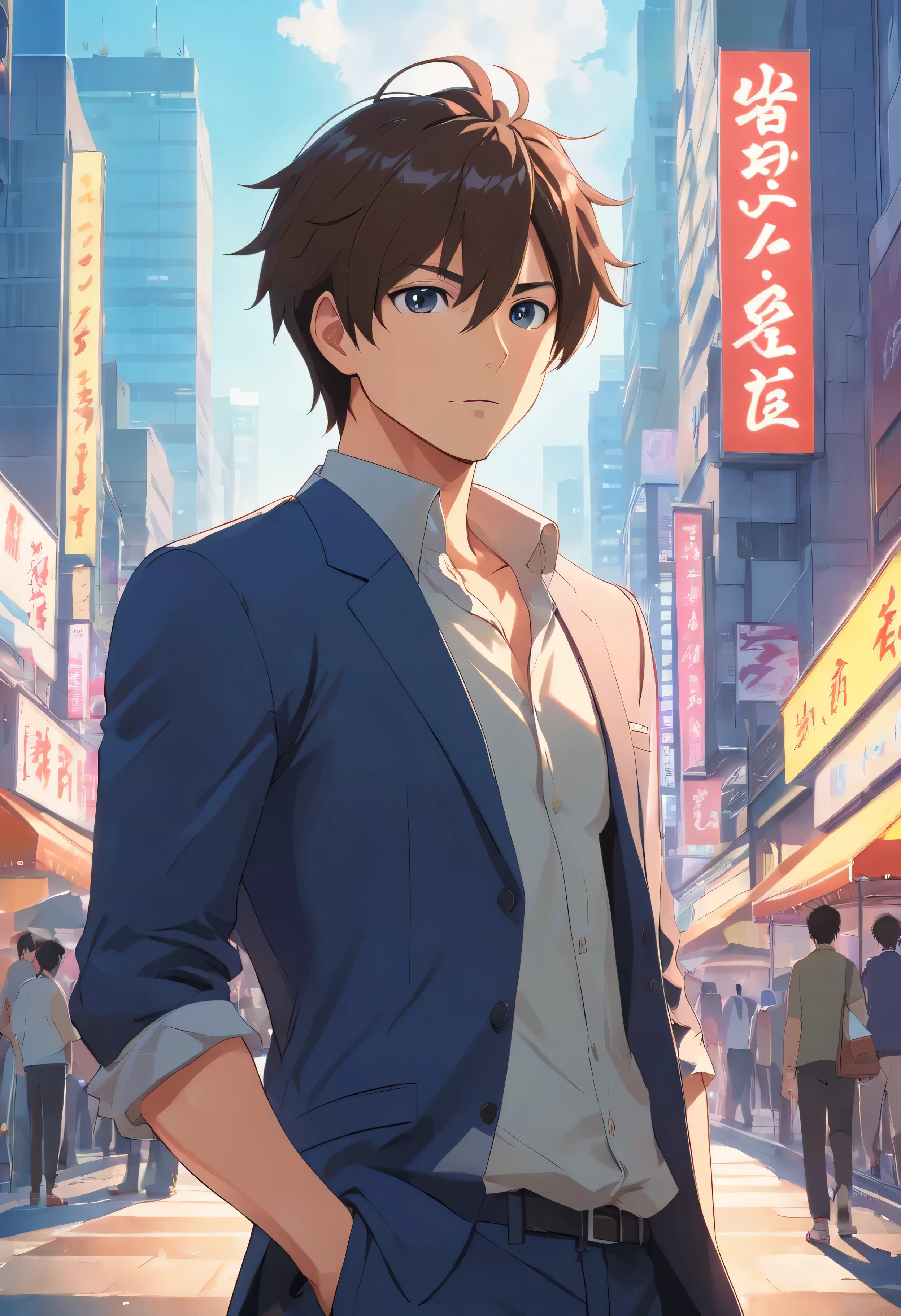 (Front view:1.4),Groomed beard,40-year-old dandy man,Composition of the upper body,Makoto Shinkai's painting style,japanes,Ridicule,A tall man,a beard, Delicate facial features like an actor,Short-haired true black hair, Wearing a black long-sleeved Y-shirt, Intense muscles, eyes are brown, The city of Shinjuku