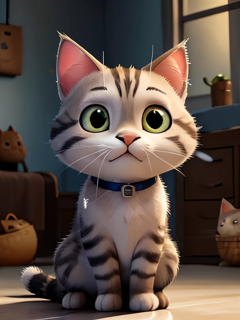 Gray American Shorthair Cat, evening、Sitting with a flashlight shining on the floor, The cat is plump and fat, The corners of the mouth turn up, Looks like you're smiling,Cat with a bad expression,Featuring atmospheric details, High resolution, Warm lighting,Close your eyes、Open it,Nose and whiskers twitching,