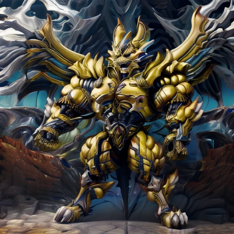 (Pokémon) (Zeraora), (masterpiece, best quality, detailed:1.2), (nj5furry), (medieval armor:1.3) sparkling skin, Vibrant colors, 4K, GOLD armor, GOLDEN armor, Its full plate armor emphasizes the muscles. big muscle (pecs, triceps, traps) unusually developed muscular body, body full of huge muscles. showing off muscles, pectorales enormes. Exaggeratedly huge muscles. Gigachad Muscular, Very muscular, Large pecs, Spread wings, It has wings. have big wings. has 10 large wings. It has large golden wings. The feathers on its wings are detailed and realistic. FULL BODY, giant, huge body, long legs, gigantic, City background, skyscraper, futuristic city, super hero, hero, massive muscles, huge pecs, chiseled abs, huge pectorals, exaggeratedly huge muscles.