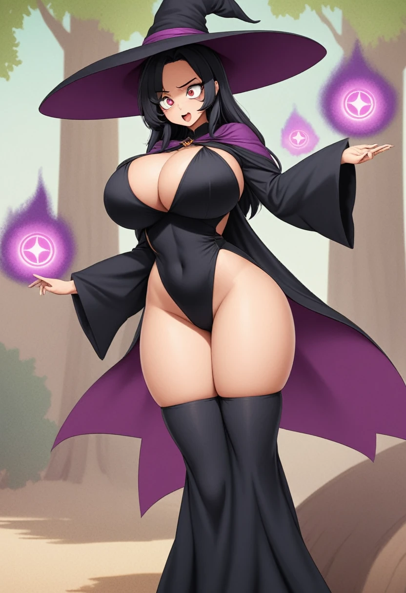 detailed illustration (side view),dynamic angle,ultra-detailed, illustration, pose for the camera, anime, clean line art, shading, woman, milf, milf bod, black hair, long hair, single person, woman, witch, witch costume, witch hat, big witches hat, floppy witches hat, tone stomach, flat stomach, thick thighs save lives, mommy, Dommy mommy, birthing hips, pixar mom ass, hips for days, tree trunk thighs Beautiful, youthful, college age, magic, sex symbol, massive breasts, big breasts, deep cleavage, Morticia, Addams dress, tight dress, nipple outline, breedable, masterpiece, best quality, 1girl, solo, tentical magic, evil, crazy eyes, nipples hard