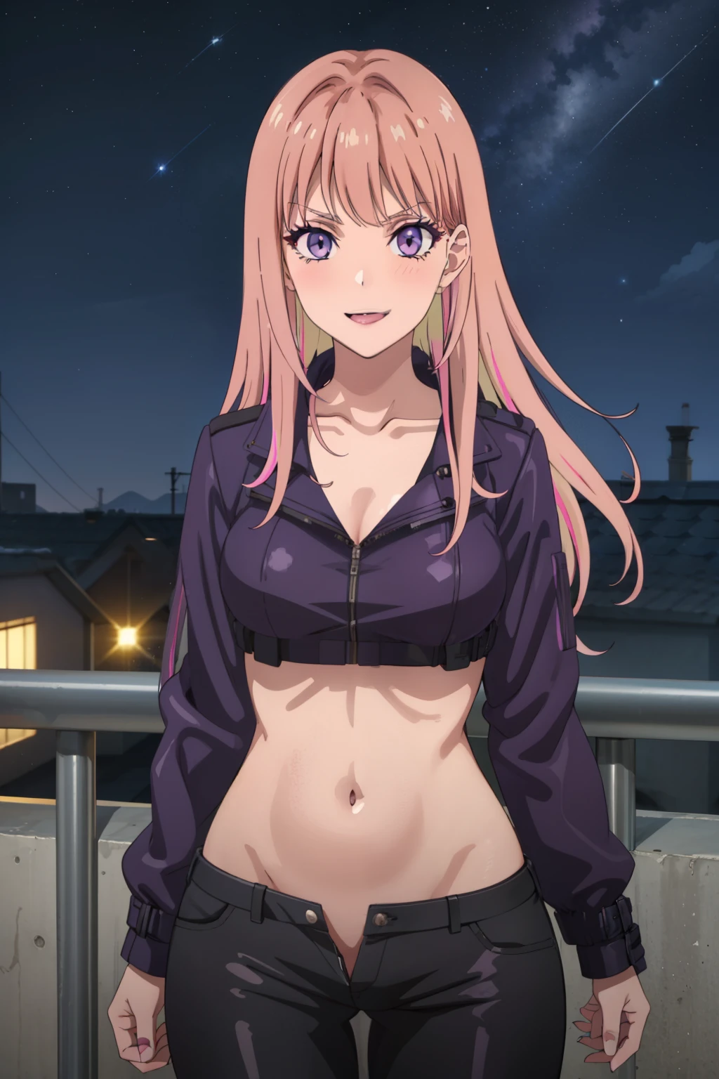 nikoruyamana, nikoru yamana, long hair, bangs, (purple eyes:1.1), pink hair, multicolored hair, two-tone hair, streaked hair, makeup, large breast, 
blush, lipstick, outdoors, rooftop, cityscape, building, railing, night, night sky, scenery, moon, city lights, blush, lipstick, mouth open and tongue out, open, fur trim, mature female, gloves, fur-trimmed coat, masterpiece, best quality, highly detailed, a girls with a gun, evil smile , sexy gaze, badass
pose , evil smile, smile, (nsfw) not safe for work, guns blazing, anime girl with long hair, beautiful long
haired girl, navel, evil expression, exposed belly, exposed navel, exposed midriff, exposed lower belly,
long black pants, crop top, cleavage, unbuttoned leather pants ,open fly, low rise black leather pants,
leather jacket, holding a gun, outdoor,street,road, navel piercing