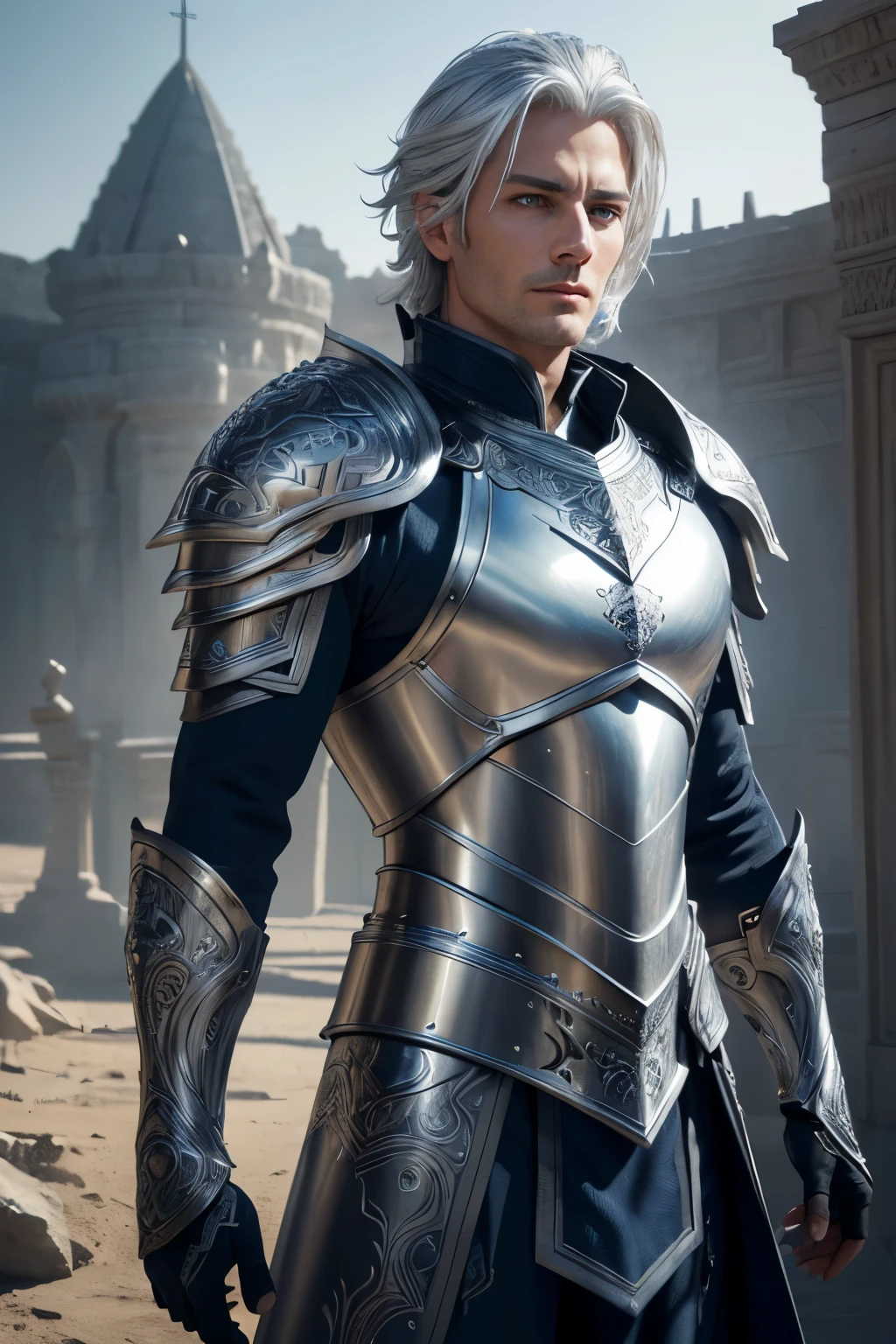 A beautiful man with silver hair and striking blue eyes, Serene face, intricate armor, (best quality,4k,8k,highres,masterpiece:1.2),ultra-detailed,(realistic,photorealistic,photo-realistic:1.37),detailed armor, intricate patterns, clean lighting, dramatic shadows, cinematic composition,digital art,fantasy,highly detailed