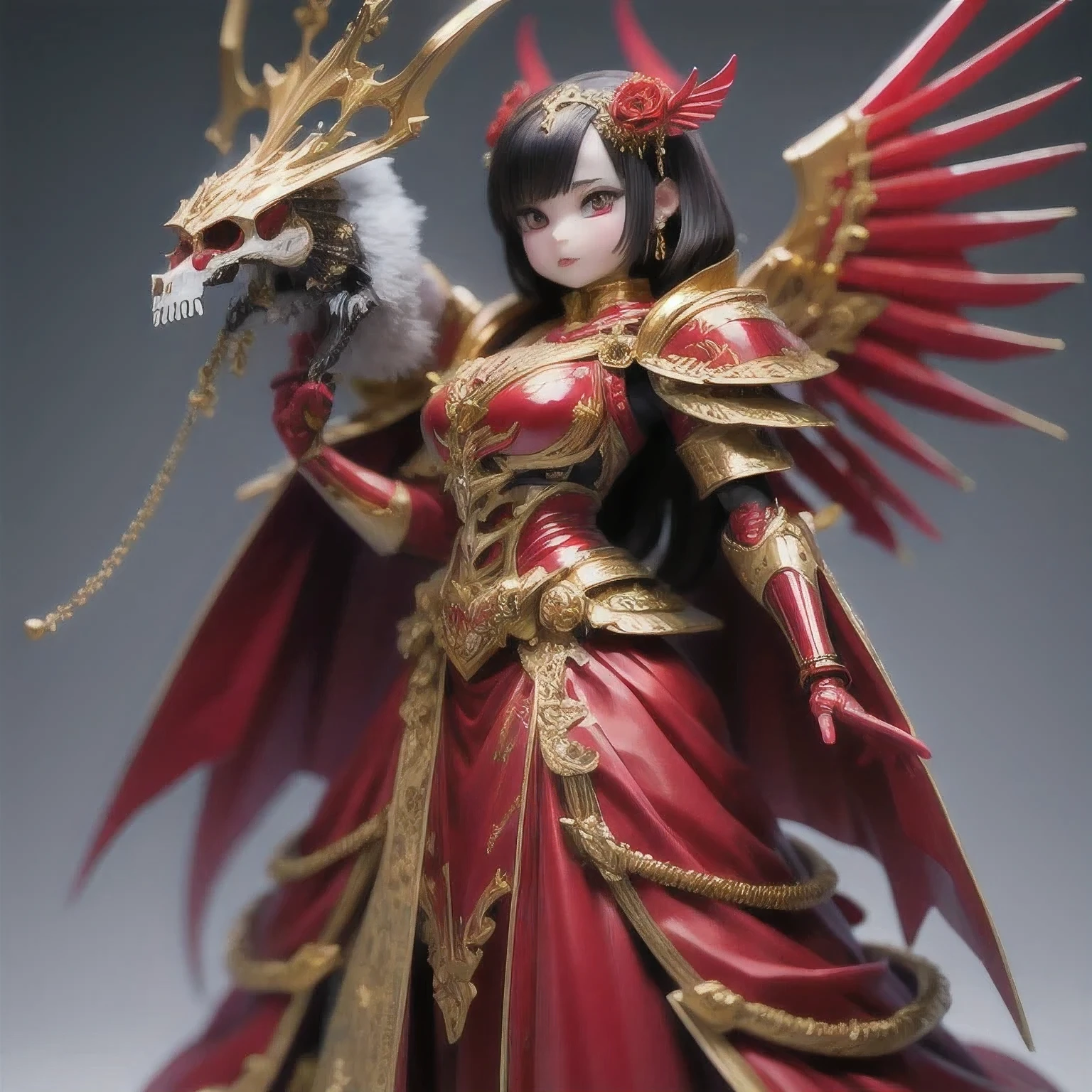 araffe skeleton in a red and gold costume with wings, saint skeleton queen, red demon armor, lady in red armor, wearing a skeleton armor, holy cyborg necromancer girl, hone onna skeleton geisha, ( highly detailed figure ), goddess of death, masami kurumada, the other a skeletal figure, skeletal, scary queen of death((（one female）))