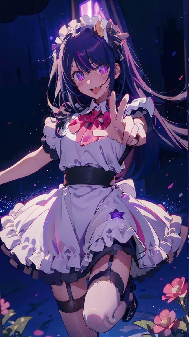 highest quality, Ultra-high resolution, masterpiece, 8k, Long Hair, Purple eyes, Stars in my eyes， Thighs, sexy, skirt, whole body, garden, Hair dominates ，smile, Open your mouth, Ai Hoshino, Black maid outfit, Gothic ****ta, head band, garter belt，Black Costume