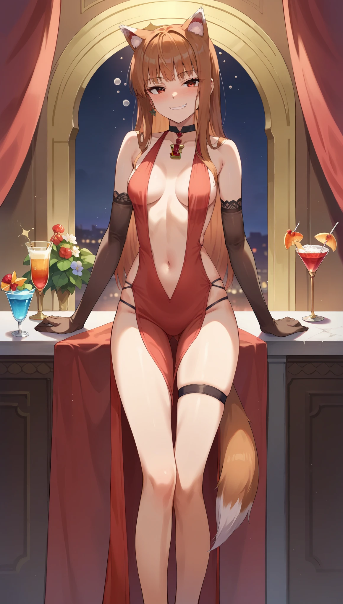 score_9, score_8_up, score_7_up, score_6_up, source anime,(masterpiece, best quality:1.3),extremely detailed,cowboy shot,1girl,(holo),spice and wolf,solo,wolf girl,wolf ears,wolf tail,light, brown hair,small breasts,center opening,cleavage,navel,bare back,slim,slim legs,long hair,earings,looking at viewer,(smirk,drunk),(loose clothes),red evening gown,elbow gloves,sleeveless,backless,see-through,thigh strap,heels,choker,jewelry,indoor,(cocktail party),best quality,amazing quality,very aesthetic,absurdres