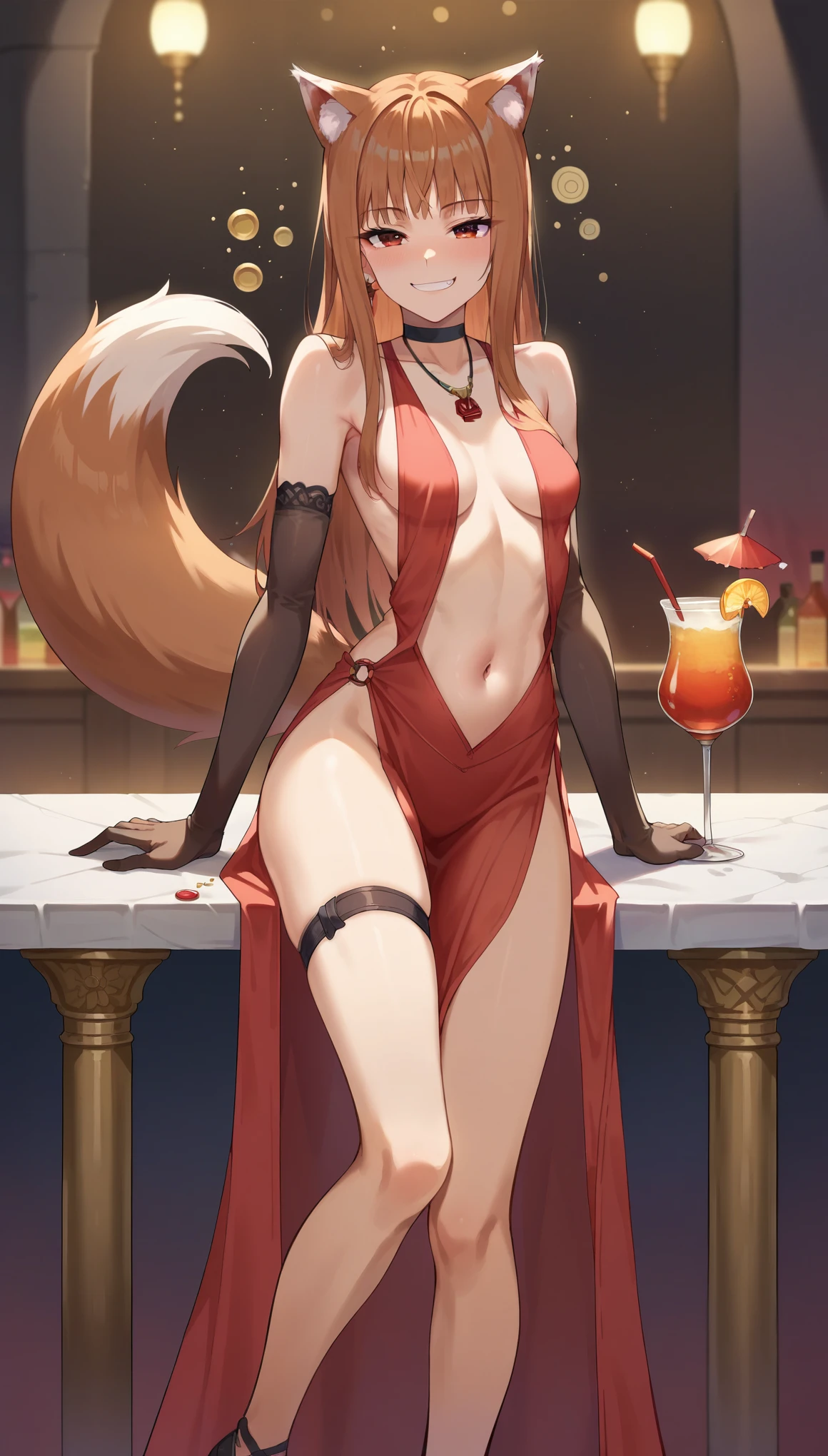 score_9, score_8_up, score_7_up, score_6_up, source anime,(masterpiece, best quality:1.3),extremely detailed,cowboy shot,1girl,(holo),spice and wolf,solo,wolf girl,wolf ears,wolf tail,light, brown hair,small breasts,center opening,cleavage,navel,bare back,slim,slim legs,long hair,earings,looking at viewer,(smirk,drunk),(loose clothes),red evening gown,elbow gloves,sleeveless,backless,see-through,thigh strap,heels,choker,jewelry,indoor,(cocktail party),best quality,amazing quality,very aesthetic,absurdres