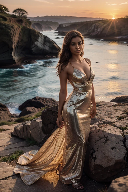 beautiful woman in a stunning dress against the backdrop of the setting sun on a rocky coast