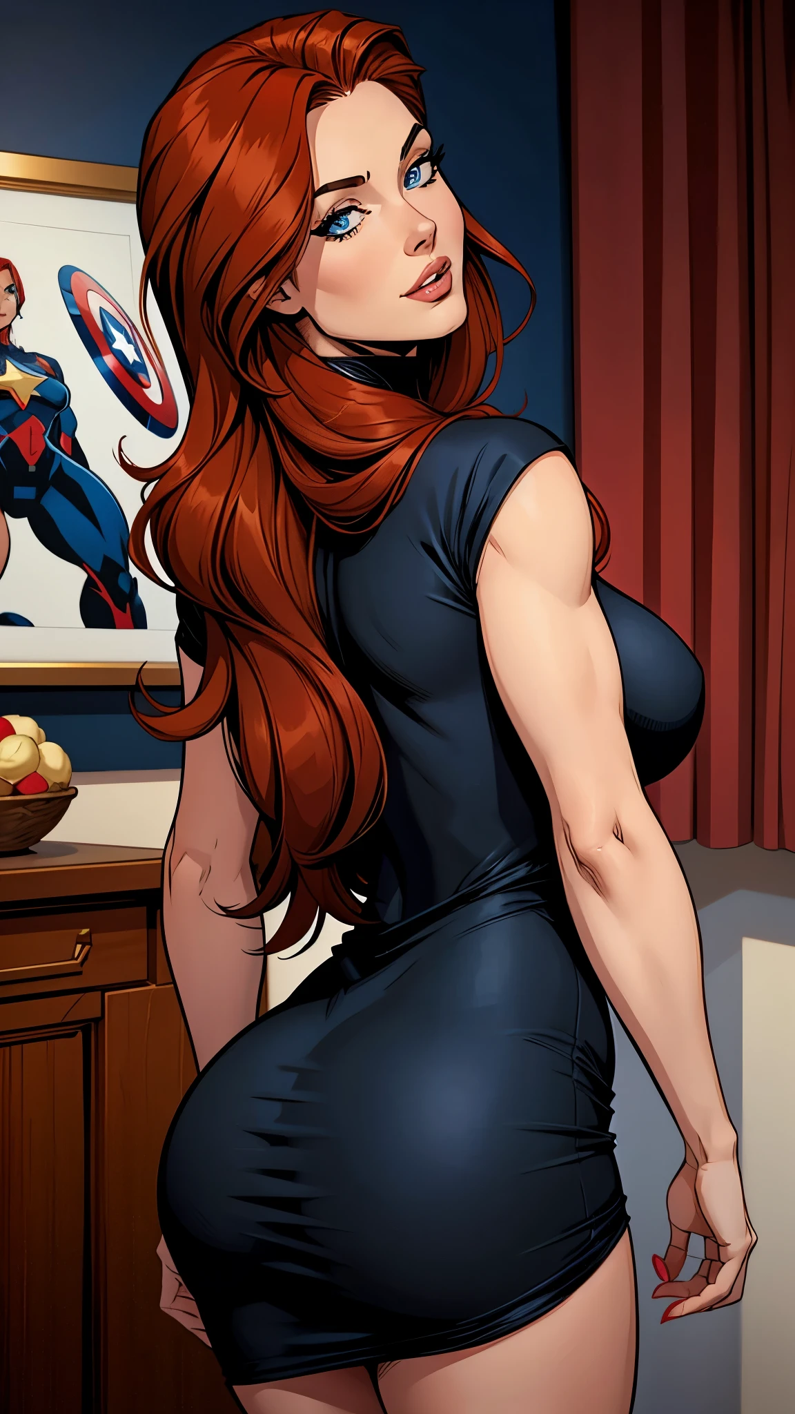 .21 years old woman , long and smooth red tone hair, completely black eyes, completely nude. Booty, busty. Comic style. Marvel comics