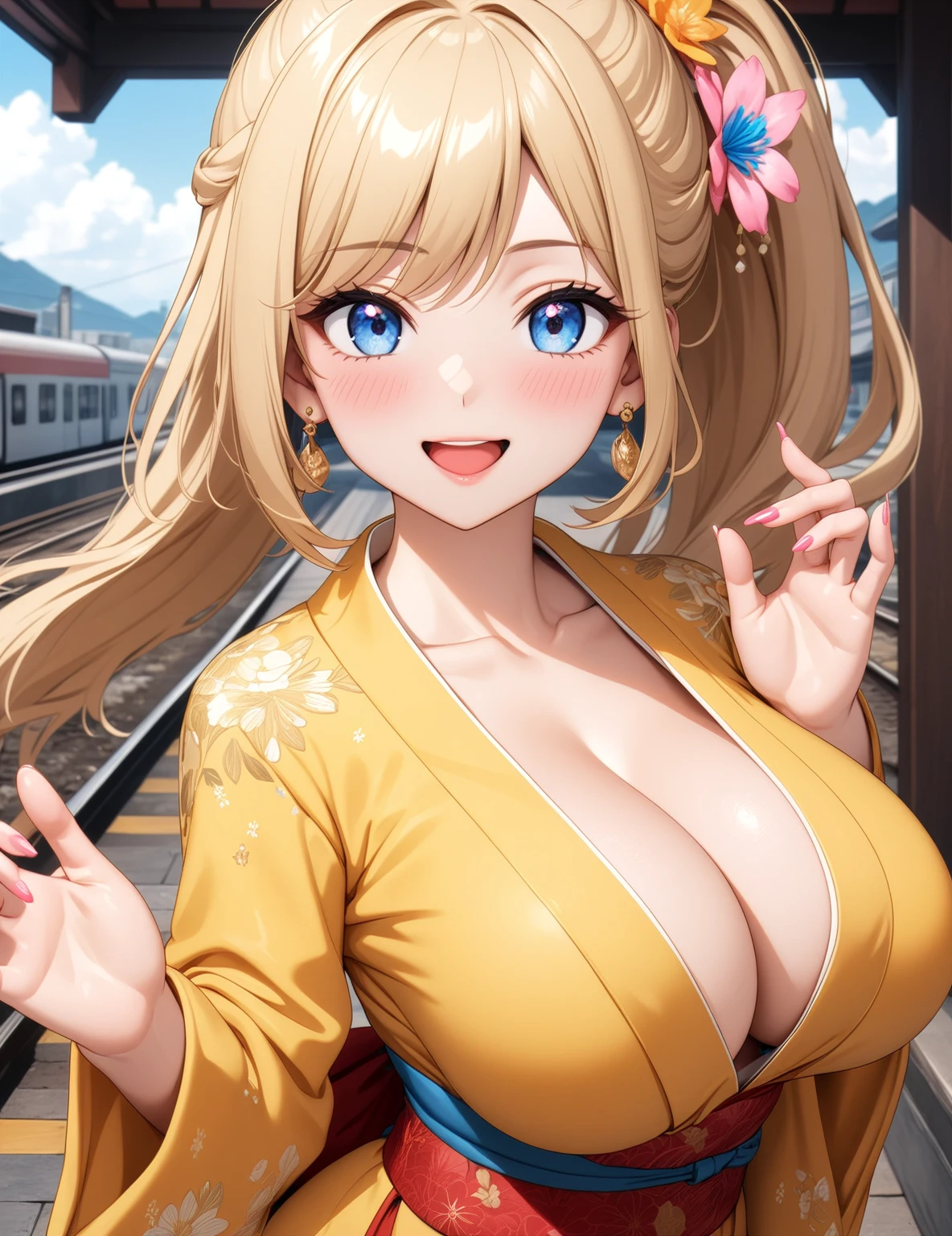((One woman)), Beautiful Face,Laughing embarrassedly,Blushing,Glossy pink lips,Daytime,Meet at the station platform, ((Anime style background)),masterpiece, highest quality, so beautiful, up to date, Complex details, (Pink long nails),AI-generated, Complex,High resolution, highest quality, super high quality,3D Images、View the viewers、3D Images,one person,Long Blonde Hair,High Ponytail,blue eyes,Anime woman posing for a photo, [[Fine grain、Colorful eyes、Shining Eyes:1.15]],(Squint your eyes:1.1),a hyperRealistic , hyperRealistic , Realistic,Blonde anime woman with long hair, Smooth anime CG art, A woman in a gold embroidered kimono, (Yellow kimono),Colorful floral pattern,Long flower hair ornament,Big earrings,(Large Breasts:1.2),Mature Body,tall,Big Ass,Fine details,Narrow waist,Six-pack,Wave one hand to the audience