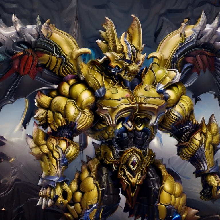 (LUCARIO, 8K), (Masterpiece, highres), (Golden armor, medieval armor, horned helmet, full armor), (Detailed head, Detailed Body, Detailed abs, full body), (wearing a cloak),
(gigantic muscles, Gigachad Muscular, big muscle, pecs, triceps, traps, unusually developed muscular body, body full of huge muscles. showing off muscles, pectorales enormes, Exaggeratedly huge muscles.),
(nj5furry, The claws are sharp, Sharp teeth, sharp claws), (long legs), (Golden wings, Spread wings, It has wings, have big wings), (black color hyper penis, hyper black penis, penis),