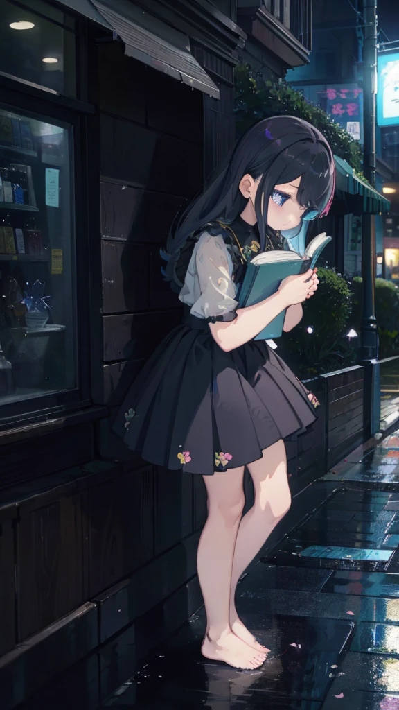 1 anime girl, alone,,Black petals flutter, A mysteriously shining butterfly.city,thin legs,Gloomy cloudy sky,sad expression,very clear,highest quality,city,standing on the street corner,Are crying,tears,close up of face,Sit in the water,barefoot,holding a book in hand,Sit down