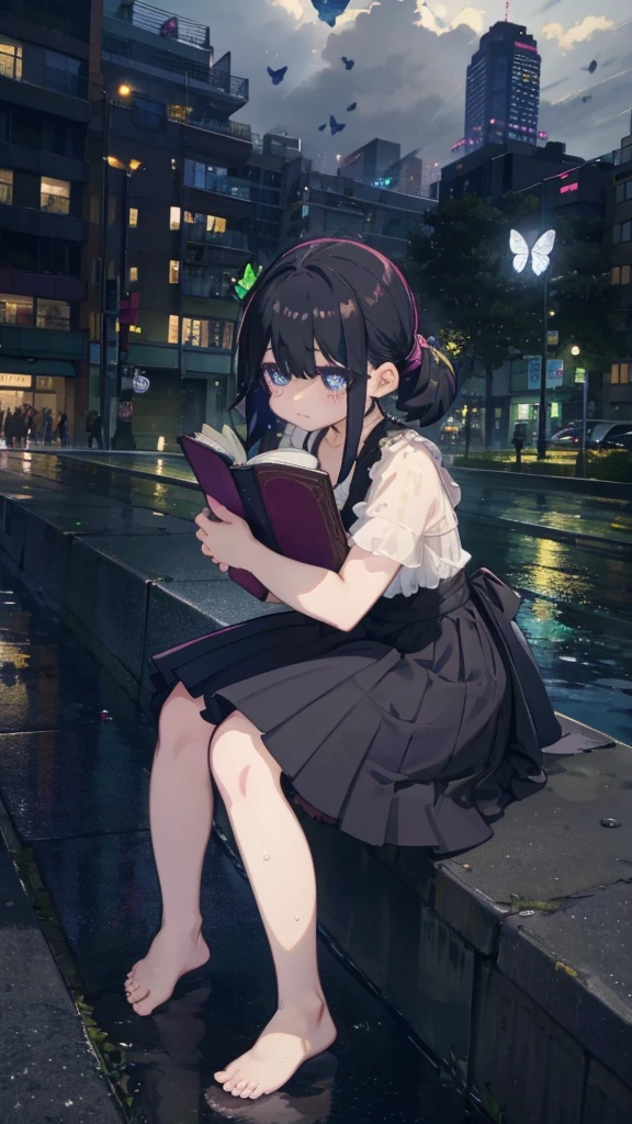 1 anime girl, alone,,Black petals flutter, A mysteriously shining butterfly.city,thin legs,Gloomy cloudy sky,sad expression,very clear,highest quality,city,standing on the street corner,Are crying,tears,close up of face,Sit in the water,barefoot,holding a book in hand,Sit down