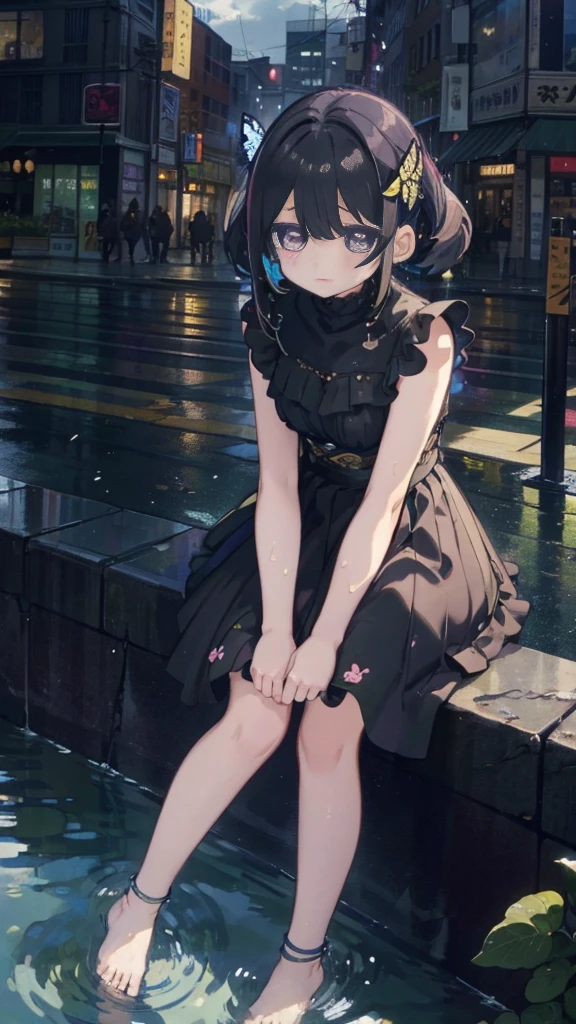 1 anime girl, alone,,Black petals flutter, A mysteriously shining butterfly.city,thin legs,Gloomy cloudy sky,sad expression,very clear,highest quality,city,standing on the street corner,Are crying,tears,close up of face,Sit in the water,barefoot,holding a book in hand,Sit down