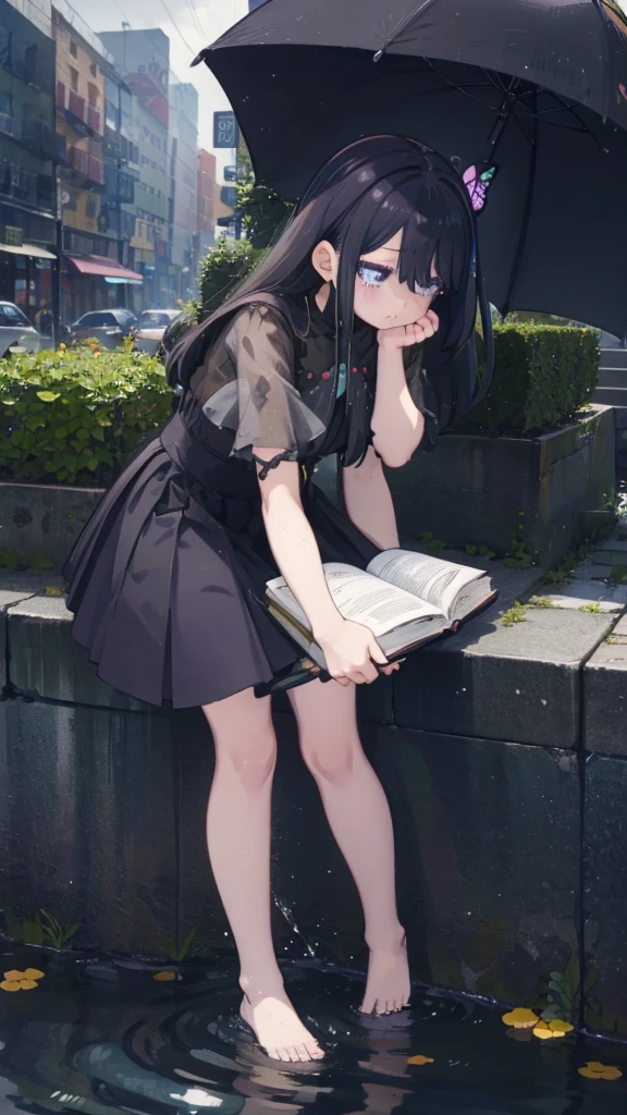 1 anime girl, alone,,Black petals flutter, A mysteriously shining butterfly.city,thin legs,Gloomy cloudy sky,sad expression,very clear,highest quality,city,standing on the street corner,Are crying,tears,close up of face,Sit in the water,barefoot,holding a book in hand,Sit down