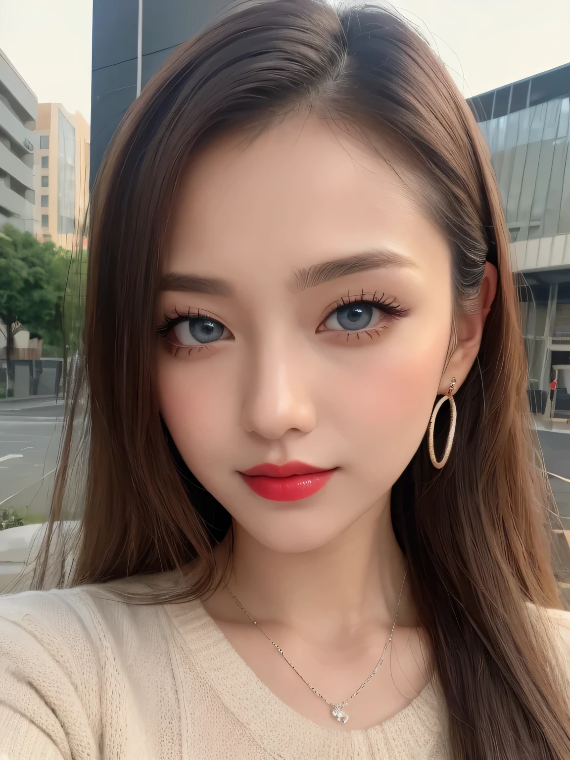 Beautiful urban college girl, masterpiece, light makeup, Red lips, Silver Hair, Long messy hair, urban landscape background, Beautiful and elegant. Ultra-fine detail, masterpiece, Authentic texture, Realism in film lighting, Perfect job, 16k, High resolution, Exquisite features, blue eyes, Japanese Idols, ponytail, Beautiful Face, Cute Smile, Brown Hair, Beautiful Hair, glamorous, Big Breasts, Huge breasts, Huge breasts, Big Breasts, Erect nipples, Greasy muscle, Shiny skin, Sunburned skin, dark Shiny skin, Big, bright eyes, Smooth Skin, Earrings, necklace, tattoo, Exquisite, Tanned Big Breasts, Everything is wet, Light knitted sweater,
