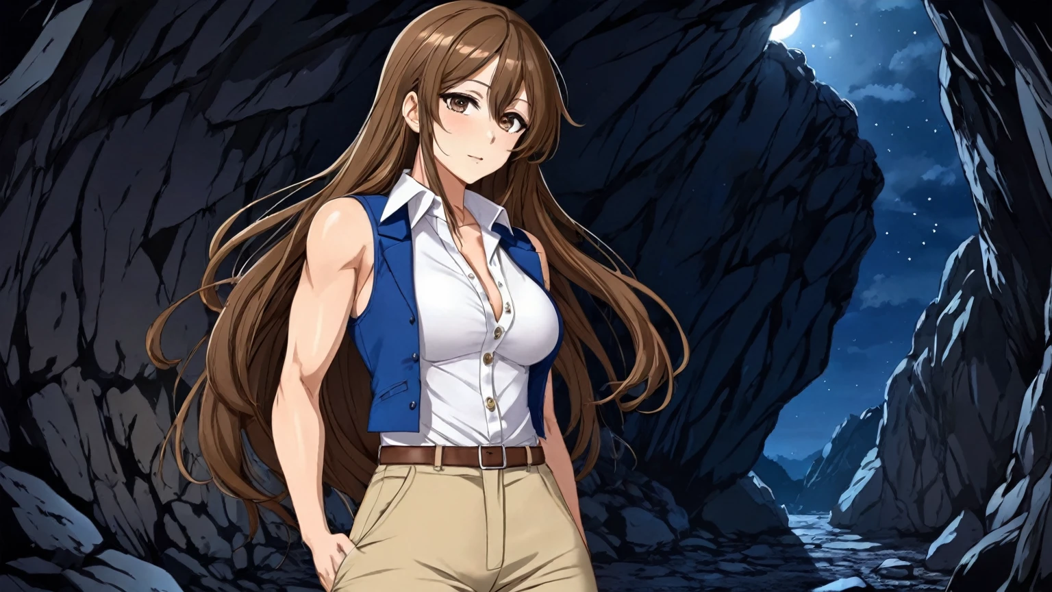 beautiful y anime girl with long brown hair & a muscular body, wearing white sleeveless butup collared shirt with a blue vest over it & beige khaki pants, inside of a dark cave in a dark night sky, 1girl
