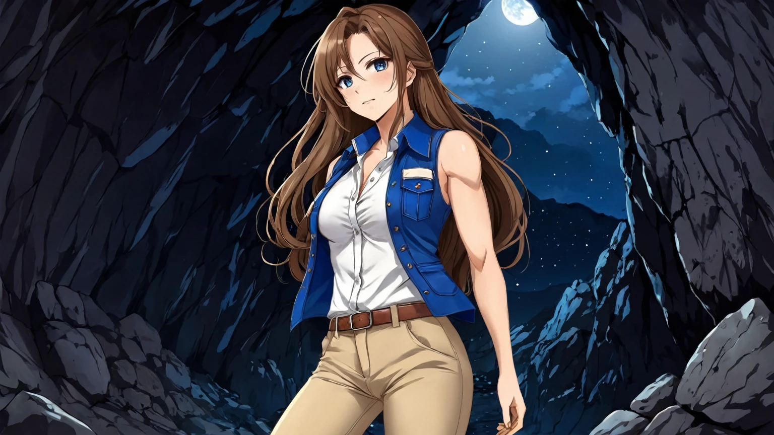 beautiful sexy anime girl with long brown hair & a muscular body, wearing white sleeveless button up collared shirt with a blue vest over it & beige khaki pants, inside of a dark cave in a dark night sky, 1girl