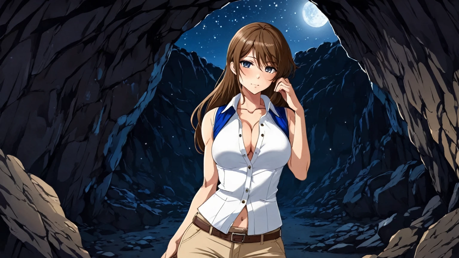 beautiful sexy anime girl with long brown hair & a muscular body, wearing white sleeveless button up collared shirt with a blue vest over it & beige khaki pants, inside of a dark cave in a dark night sky, 1girl