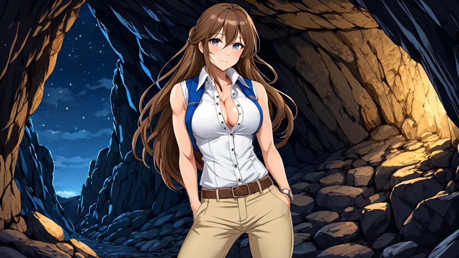 beautiful sexy anime girl with long brown hair & a muscular body, wearing white sleeveless button up collared shirt with a blue vest over it & beige khaki pants, inside of a dark cave in a dark night sky, 1girl