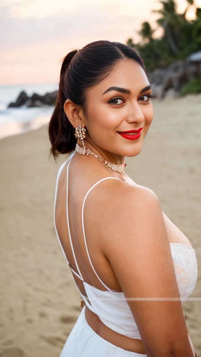 extreme close up photo of back of 30 years old naked mrunal,hourglass figure, swooping breasts, curvy, open arms, seductive eyes, look at viewer and subtle smile, posing in beach, sunset, necklace, white long dress, red lips, sultry, ponytail, 4K, HD