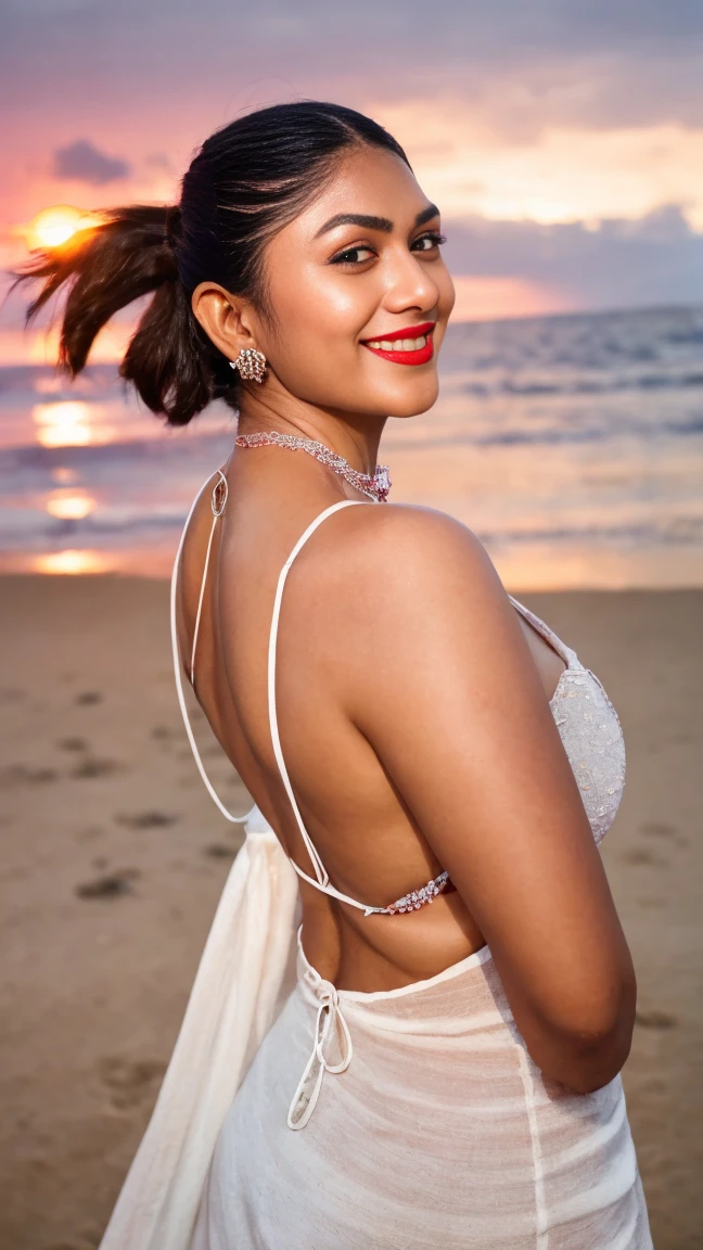 extreme close up photo of back of 30 years old naked mrunal,hourglass figure, swooping breasts, curvy, open arms, seductive eyes, look at viewer and subtle smile, posing in beach, sunset, necklace, white long dress, red lips, sultry, ponytail, 4K, HD