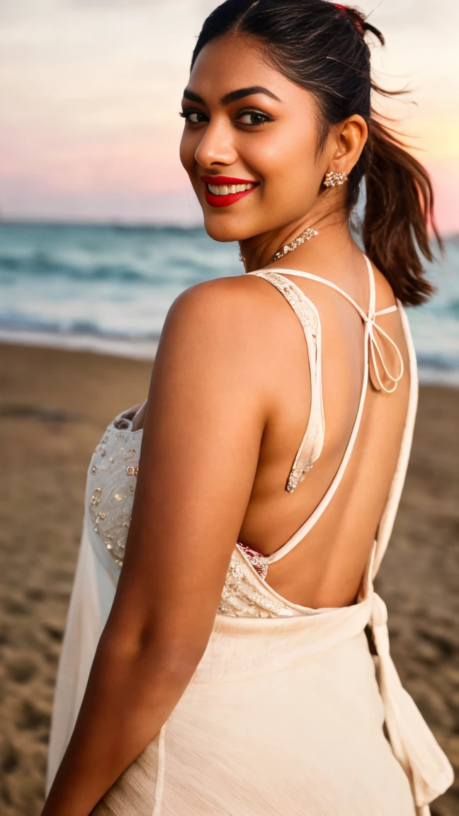 extreme close up photo of back of 30 years old naked mrunal,hourglass figure, swooping breasts, curvy, open arms, seductive eyes, look at viewer and subtle smile, posing in beach, sunset, necklace, white long dress, red lips, sultry, ponytail, 4K, HD