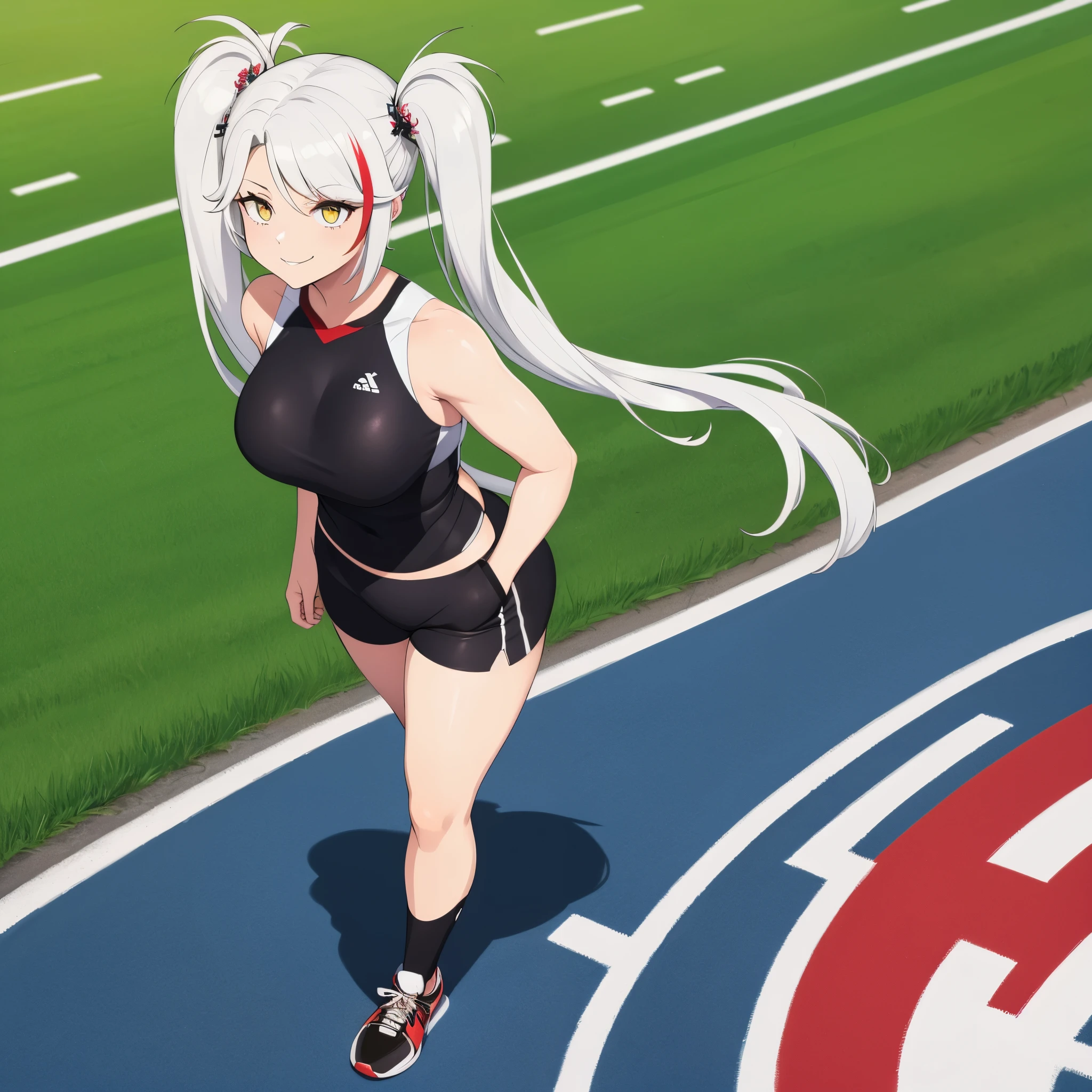 A woman wearing a white sleeveless sports shirt with black details, with a German personality, red shorts, sports shoes on a custom football field, long white hair, pigtails, red bangs, multi-colored hair, yellow eyes, smiling, walking in the field lawn,full body.shadow, flower, UHD, masterpiece, accurate, anatomically correct, textured skin, super detail, high quality, best quality, 8k, high resolution, bokeh effect.( solo woman)
