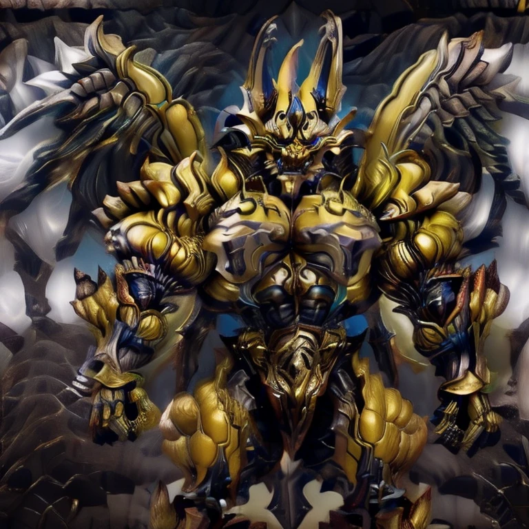 (Pokémon) (Zeraora), (masterpiece, best quality, detailed:1.2), (nj5furry), (medieval armor:1.3) sparkling skin, Vibrant colors, 4K, GOLD armor, GOLDEN armor, Its full plate armor emphasizes the muscles. big muscle (pecs, triceps, traps) unusually developed muscular body, body full of huge muscles. showing off muscles, pectorales enormes. Exaggeratedly huge muscles. Gigachad Muscular, Very muscular, Large pecs, Spread wings, It has wings. have big wings. has 10 large wings. It has large golden wings. The feathers on its wings are detailed and realistic. FULL BODY, giant, huge body, long legs, gigantic, City background, skyscraper, futuristic city, super hero, hero, massive muscles, huge pecs, chiseled abs, huge pectorals, exaggeratedly huge muscles.