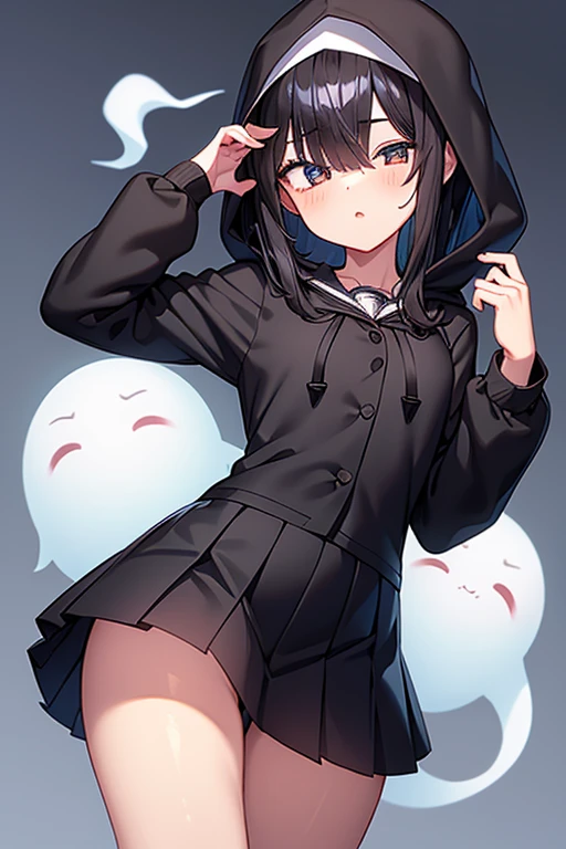 1 girl, Black Hair, (Wear a black hood) (school uniform) formal, Ghost, Ghost hair, Hair above one eye, Long Hair, (One eye is covered)Flat Chest